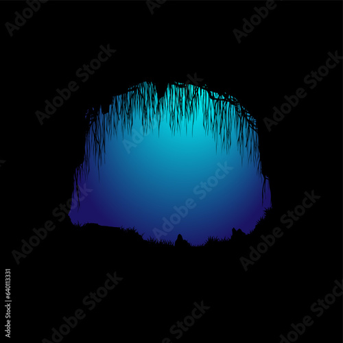vector landscape with silhouette of moonlit cavern