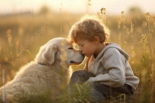 Fotomurale A Little boy kisses the dog in the field in summer day