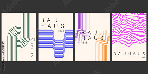 Bauhaus geometric pattern background, vector abstract circle, triangle and square lines art. Yellow, blue, red and green color, trendy Bauhaus pattern backgrounds set