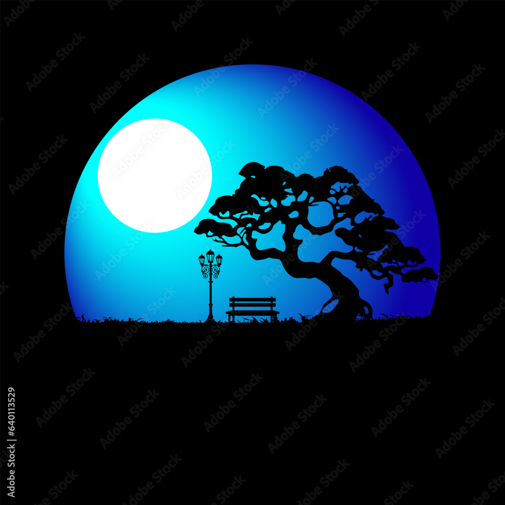 vector landscape with silhouettes of lawn chairs, garden lights, trees, under moonlight