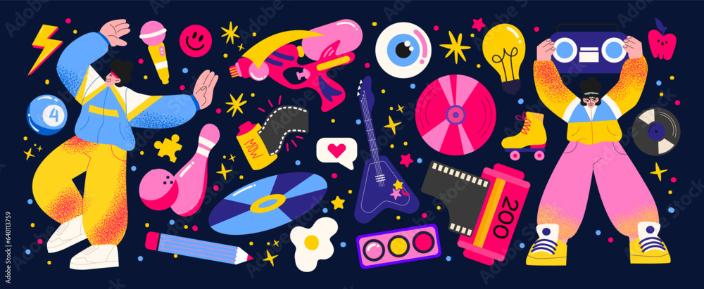 Fototapeta premium Cartoon retro stickers 90s elements. Abstract cool doodle characters, comic vector patches and stamps
