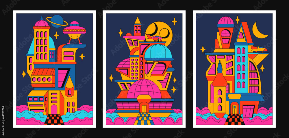 Groovy space architecture posters of the future in the style of the 90s. Buildings, houses, ufo. Cartoon n2l psychedelic acid style. Hippie and space banner elements
