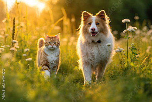 Cheerful of furry friends cat and dog walking in a summer meadow. Generative Ai
