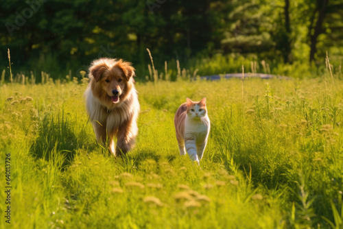 Furry friends cat and dog walking in a summer meadow. Generative Ai