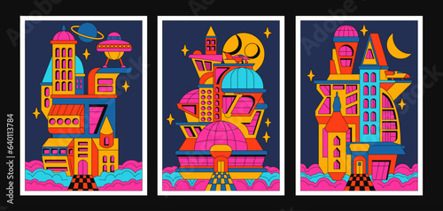 Groovy space architecture posters of the future in the style of the 90s. Buildings, houses, ufo. Cartoon n2l psychedelic acid style. Hippie and space banner elements
