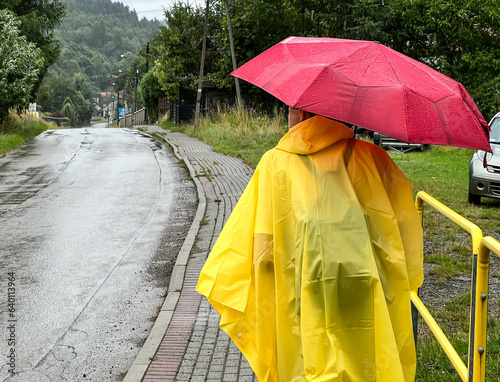 Returning from a mountain walk in the rain under a cape and an umbrella