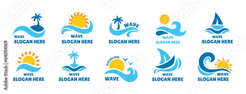Sea wave logo. Beach logotype or emblem, coast shape, ocean aqua tide, water edge, surf marine label, spray and splashes, sky surface. Aquatic business icons. Vector abstract tidy pattern set