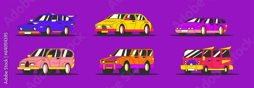 Cartoon retro cars. Vehicles, automobile design, bright groovy stickers. Urban transport concept
