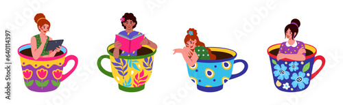 Coffee girls. Woman sitting and lying in tea cup, cute giant beautiful women relax, people drinking hot beverages, coffee time cozy drawing. Vector abstract tidy cartoon design set