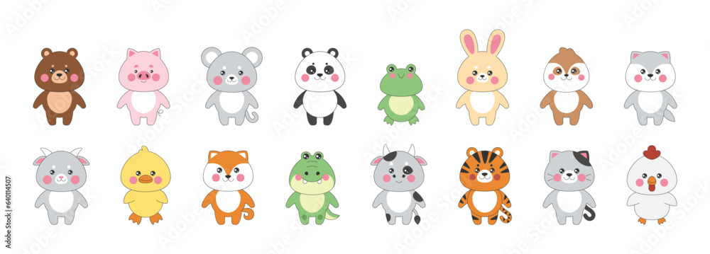 Obraz premium Cute animals. Kawaii characters. Funny bear and dog with happy faces. Tiger or baby cat. Sweet panda. Isolated frog and goat. Rabbit and cow. Zoo elements set. Vector cartoon tidy design
