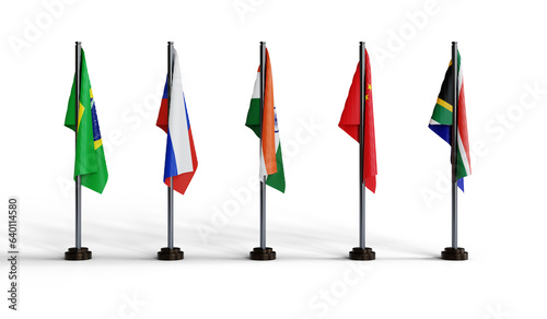 Flags of BRICS, is an acronym for Brazil, Russia, India, China and South Africa, 3d Render