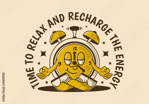 Time to relax and recharge energy, alarm clock mascot character in meditation pose