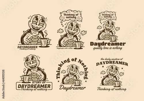 Daydreamer thinking of nothing, mascot character of turtle drink a coffee while daydreaming