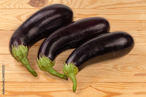 Raw freshly harvested purple eggplants on the rustic table