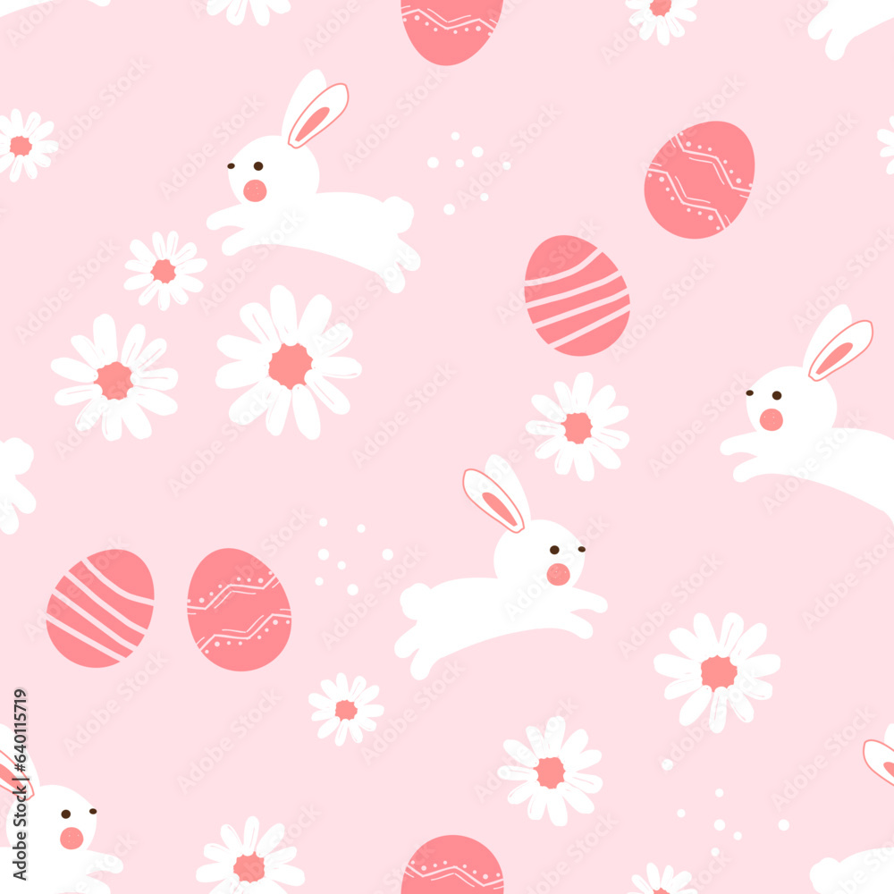 Seamless pattern with Easter bunny rabbit cartoons, eggs and daisy flower on pink background vector illustration. Seamless pattern with Easter bunny rabbit cartoons, eggs and daisy flower on pink background vector illustration.