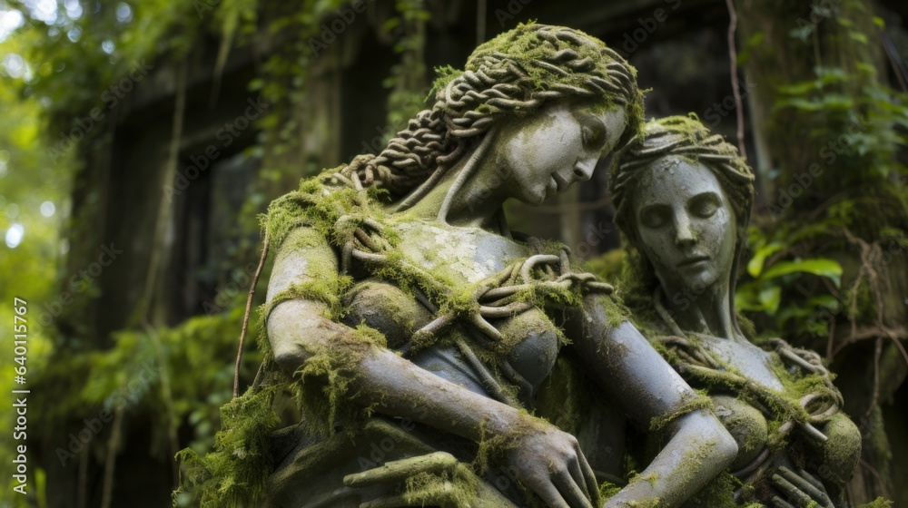 Stone statues embracing overgrown stories | generative ai