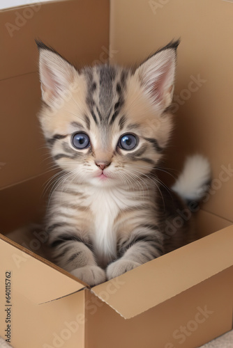 Cute little kitten in cardboard box, close up. Animal concept