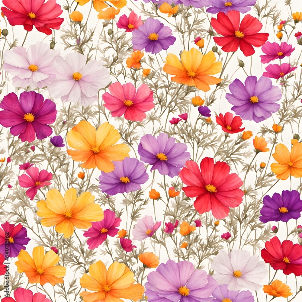 Cosmos flowers seamless pattern background