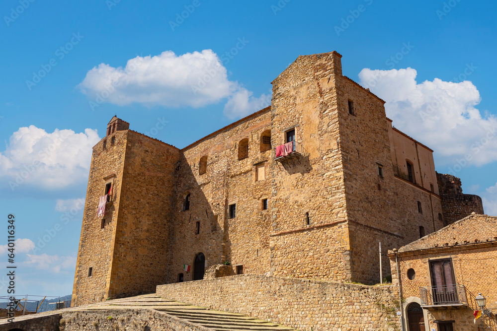 Castle of the Ventimiglia Castelbuono in a small medieval  town  Sicily. Summer time. August 2023.