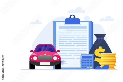 Buying new automobile on credit, car credit or loan, auto finance concept. Vector illustration.