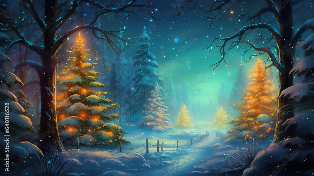 Fototapeta premium christmas landscape with Christmas trees decorated with garlands, Christmas card