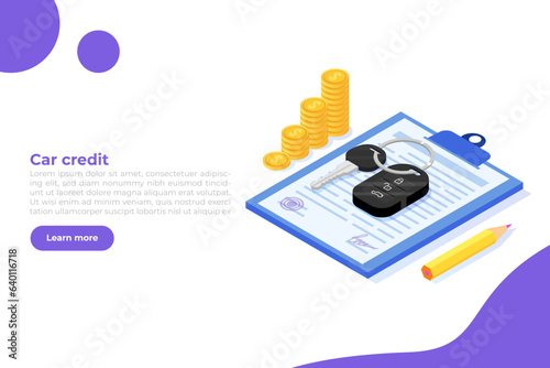Buying new automobile on credit, car credit or loan, auto finance concept. Vector illustration.