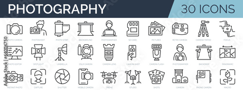 Set of 30 outline icons related to photography. Linear icon collection. Editable stroke. Vector illustration