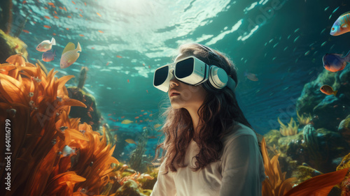 a young girl in virtual reality glasses is sitting under a hearth on a coral reef © DariaS