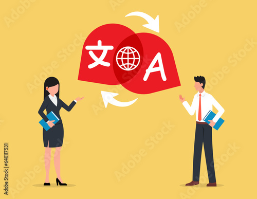 Translation or international communication, Businessman and woman talking with foreign international language symbol.