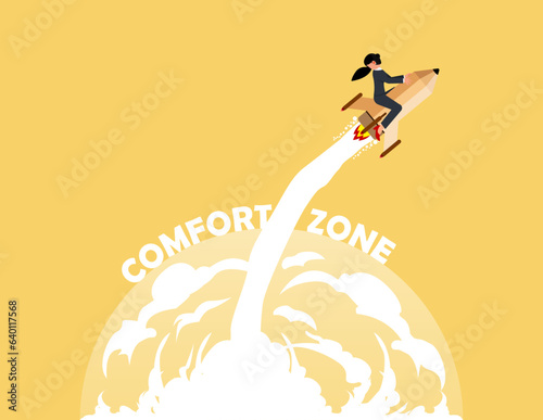 Step out of comfort zone, start new business journey concept. brave businesswoman rides a pencil rocket out of his comfort zone for new success.