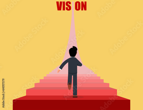 Vision of career development. business man running up the stairs to the vision