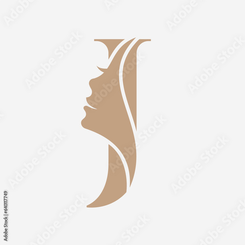 Woman Face Logo On Letter J. Beauty Spa Symbol With Woman Face Icon
