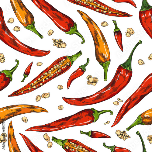 Seamless pattern with whole and half chili peppers, red cayenne paprika pepper, vector hand drawn spicy vegetables