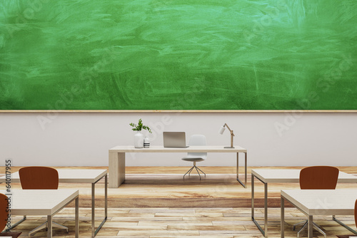 Modern classroom interior with green chalkboard and wooden flooring. Mock up place. Back to school concept. 3D Rendering.