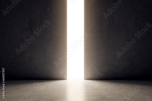 Fototapeta Naklejka Na Ścianę i Meble -  Bright line opening on black concrete wall background with mock up place. Future, way and ambition concept. 3D Rendering.