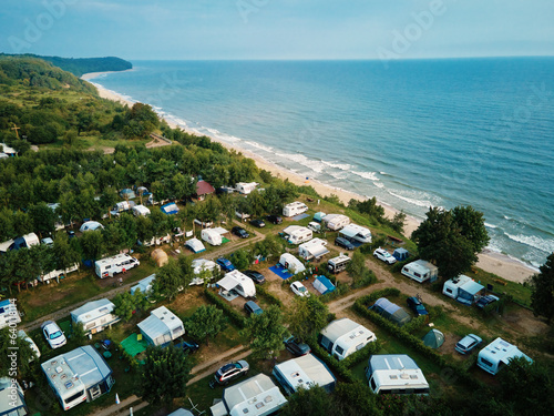 Sticker Aerial view of campsite with trailers near Baltic sea beach in Wladyslawowo, Poland