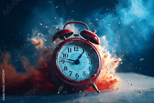 A Surreal Representation Of A Dissolving Alarm Clock, Symbolizing The Transient Nature Of Time, The Object Seems To Be Disintegrating Or Melting, Giving An Abstract Feeling