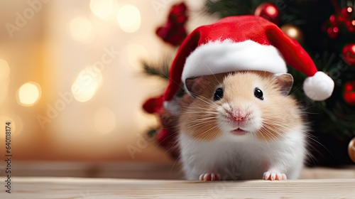 A heartwarming image of a charming hamster wearing a miniature Christmas hat, its tiny paws and bright eyes adding a touch of holiday cheer