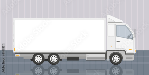 The truck is in a clean hangar. Cartoon, vector illustration.