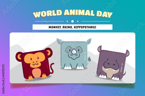 World animal day, square animal cartoon set of monkey, rhino, and hippopotamus.