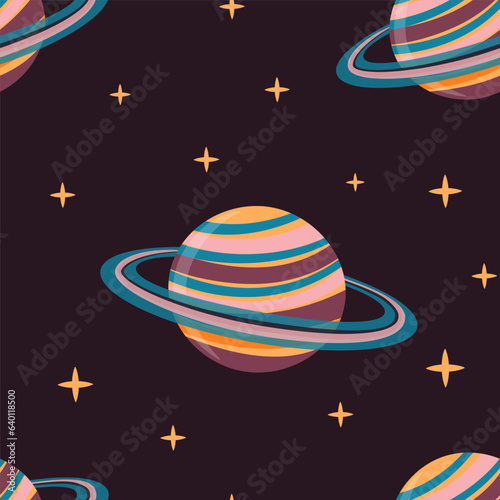 Seamless pattern of open space with planets and stars.