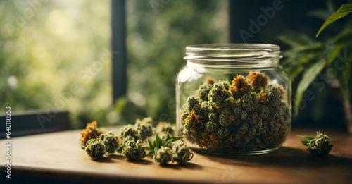 Cannabis buds in a glass jar on a wooden table.
