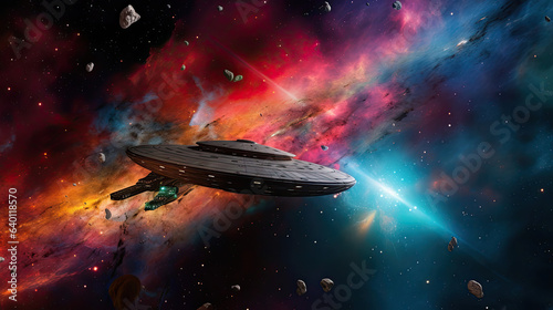 Starship exploring a colorful nebula