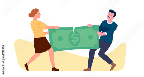 Man and woman pulling on money bill. Sharing family budget. Wife and husband tearing banknote. Financial conflict. Business profit separation. People fight for cash. Vector concept