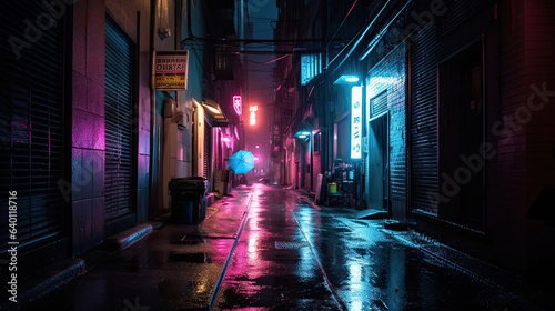 Neon-lit rainy urban alleyway