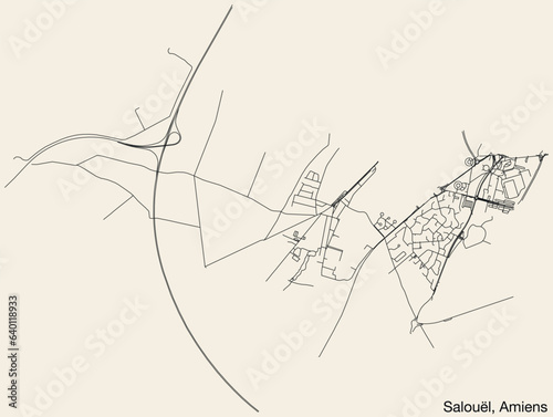 Detailed hand-drawn navigational urban street roads map of the SALOUËL COMMUNE of the French city of AMIENS, France with vivid road lines and name tag on solid background