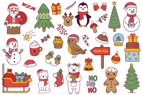Vector set of holiday icons. Kids illustration for Christmas time. Big Christmas set of festive symbols and design elements. Cute flat illustration in hand drawn style on white background.
