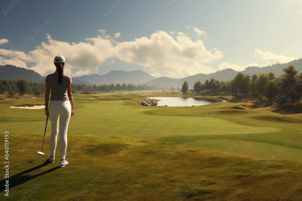 Professional female golfer holding golf club on field and looking away. Young woman standing on golf course on a sunny day, back view.