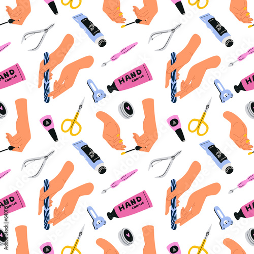 Manicure tools seamless pattern. Well groomed female hands. Nail file and scissors. Colored varnish application. Beauty salon. Arm skin care. Cosmetic cream. Garish vector background