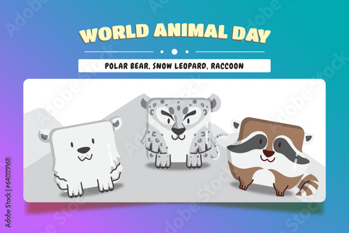 World animal day, square animal cartoon set of a polar bear, and snow leophard.